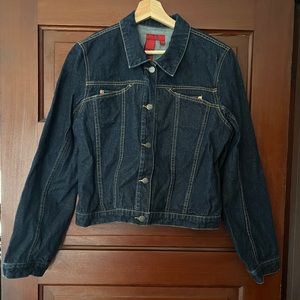 BCBGMaxAzria Dark Wash Blue Denim Trucker Jean Jacket | Large